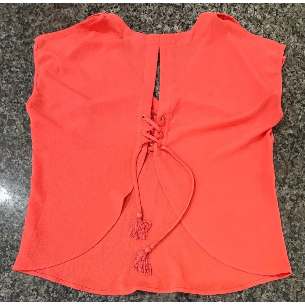 Bebe Womens Coral Orange Embroidered V-Neck Lace Up Back Tassel Blouse Size M
